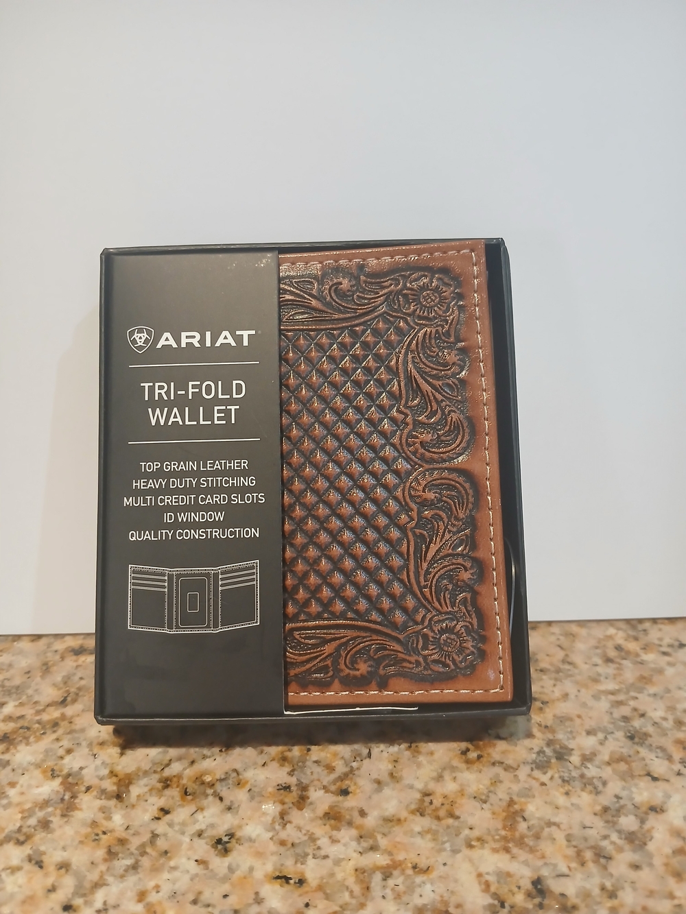Ariat Brown Tooled Leather Tri-Fold Wallet
